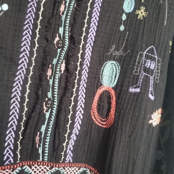 XL JOHNNY WAS EMBROIDERED COTTON LIGHTWEIGHT BOHO TUNIC TOP NAVY FRONT POCKET - Picture 6 of 15